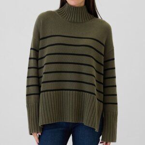NWT Gap Oversized 24/7 Split-Hem Mockneck Sweater | Size M | Olive Stripe